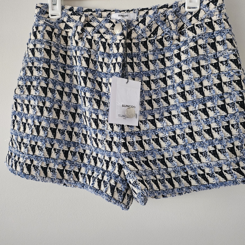 SUNCOO High Waist Blue and White Patterned Shorts